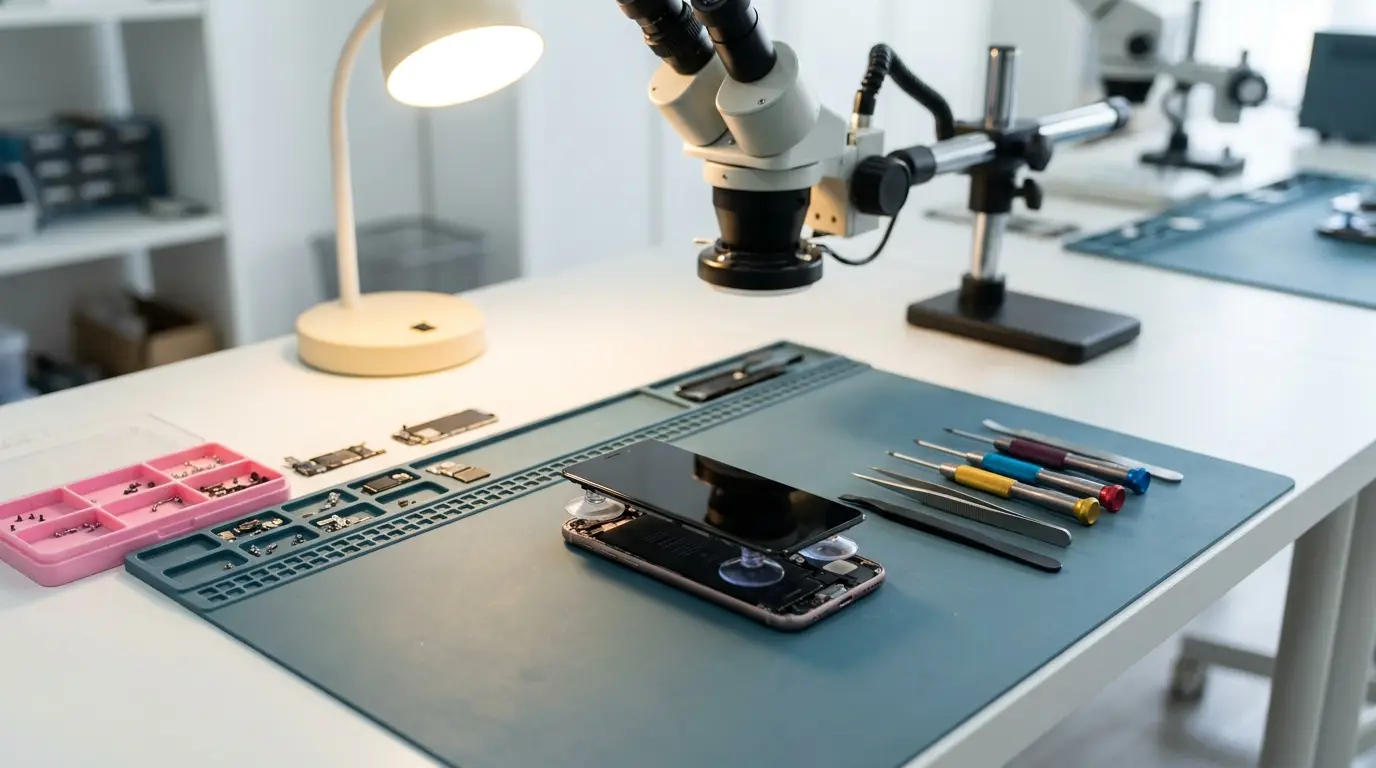 A GadgetKlinik bench: a phone opened with suction cups on the slate anti-static mat, screws sorted in a pink tray, drivers lined up beside a microscope