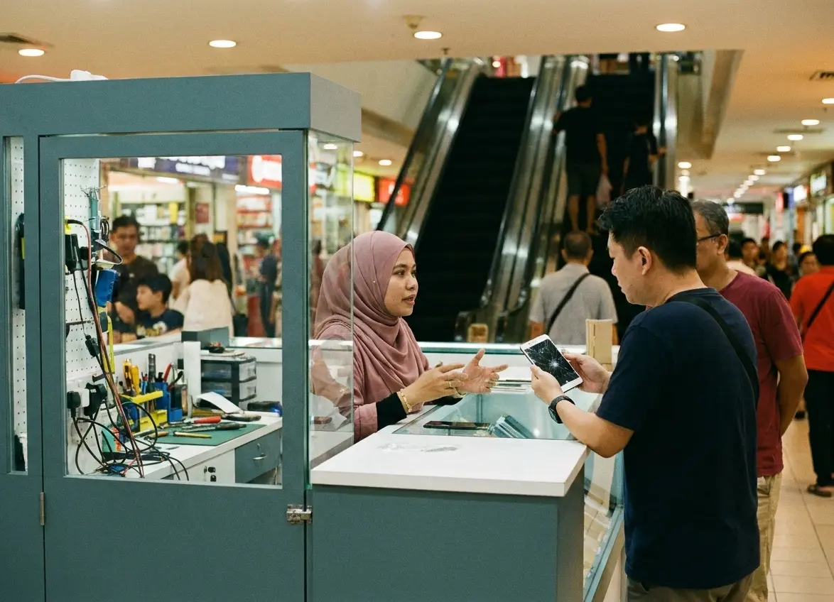 A GadgetKlinik technician in a pink tudung at the Digital Mall counter, talking a customer through a cracked phone