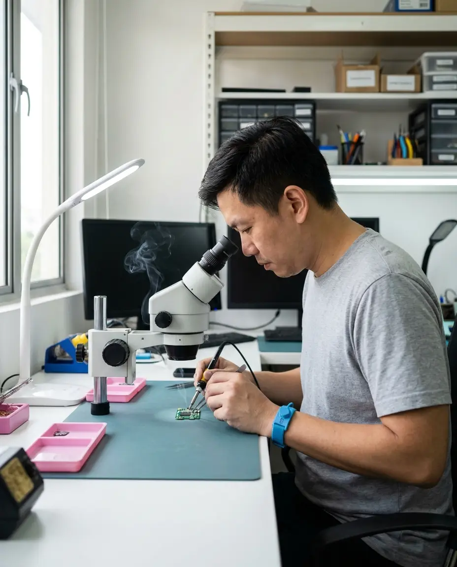 A technician at the microscope microsoldering a small phone board, wearing an anti-static wrist strap