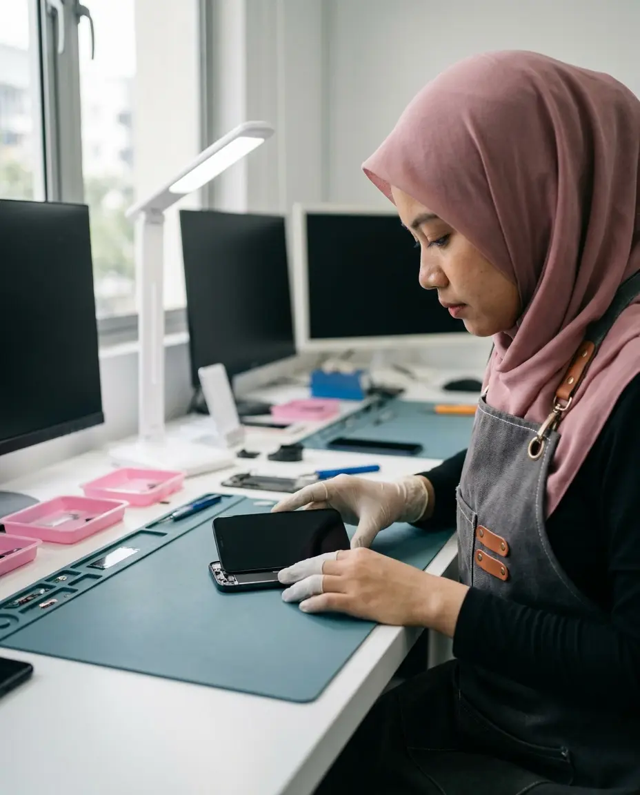 A technician in a pink tudung pressing a new display into a phone frame on the anti-static mat