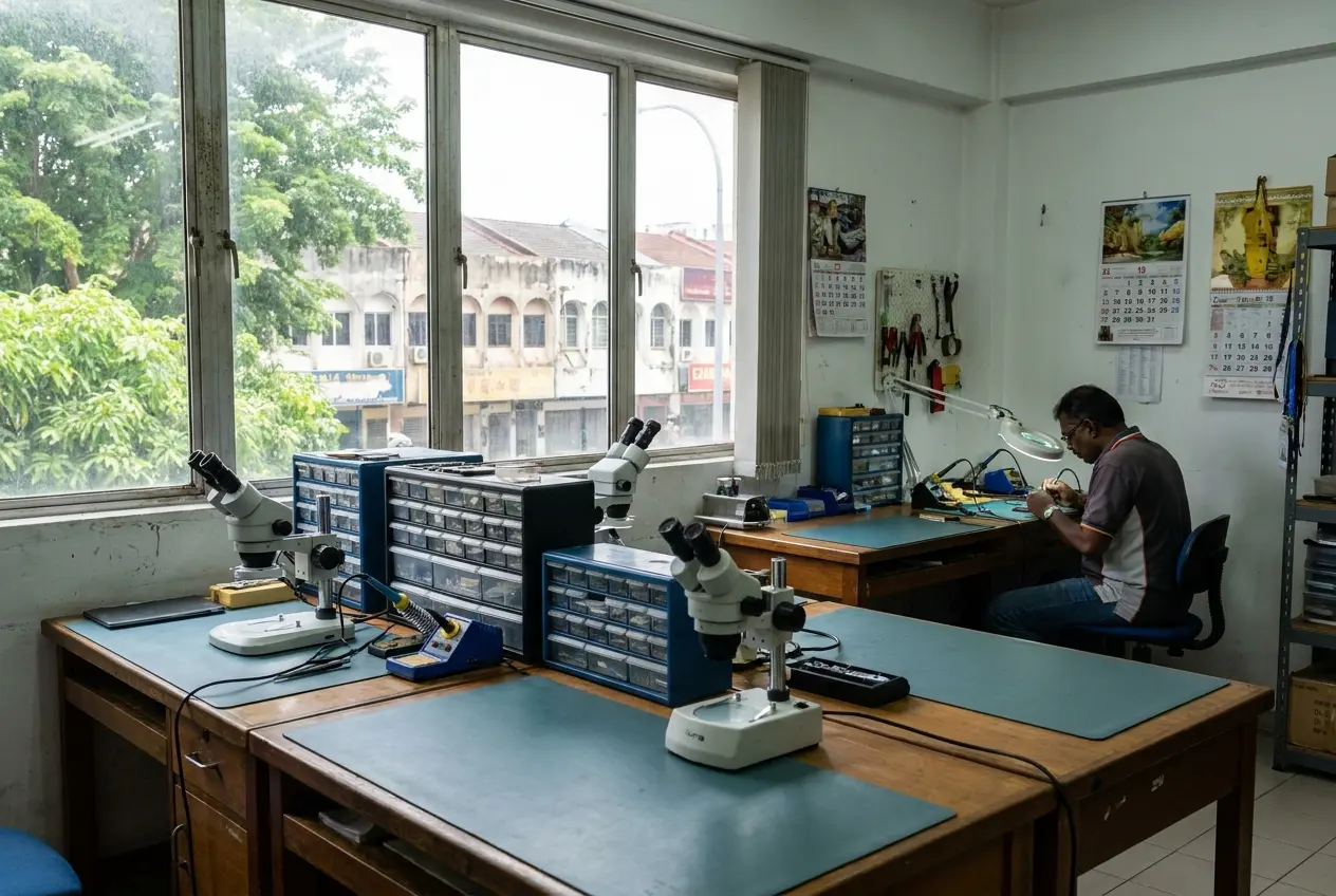 The SS15 lab on the first floor: three benches on slate anti-static mats, microscopes, and a window onto the shophouse row